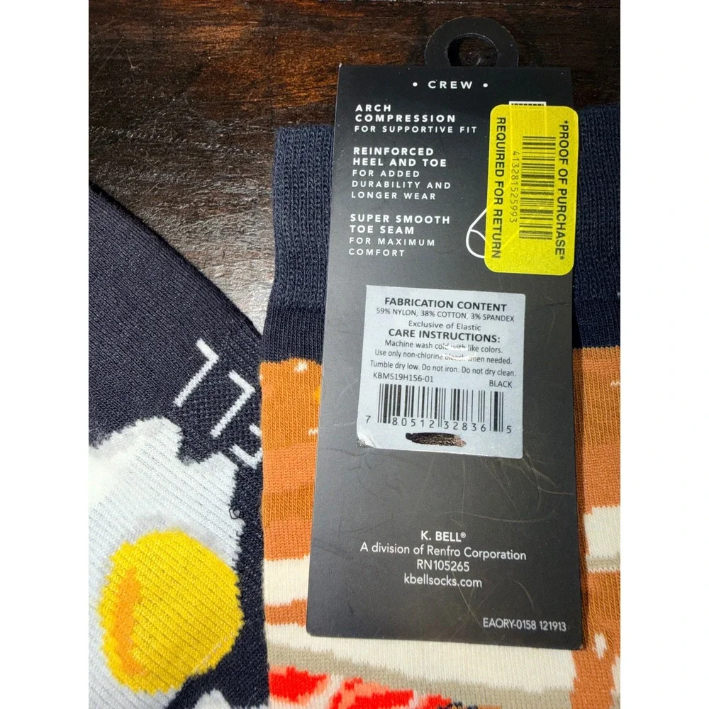 K.Bell Men's Crew Socks Breakfast Bacon Eggs‎ Fun Novelty Sz 10-13 Black